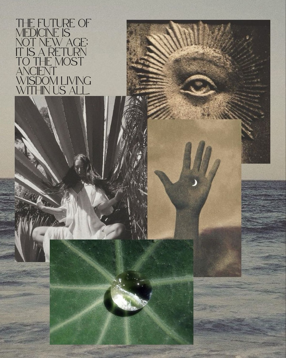 Collage con un ojo antiguo, una mano y una hoja con una gota de agua