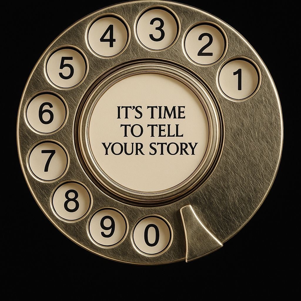 Disco de teléfono antiguo con la frase It’s time to tell your story